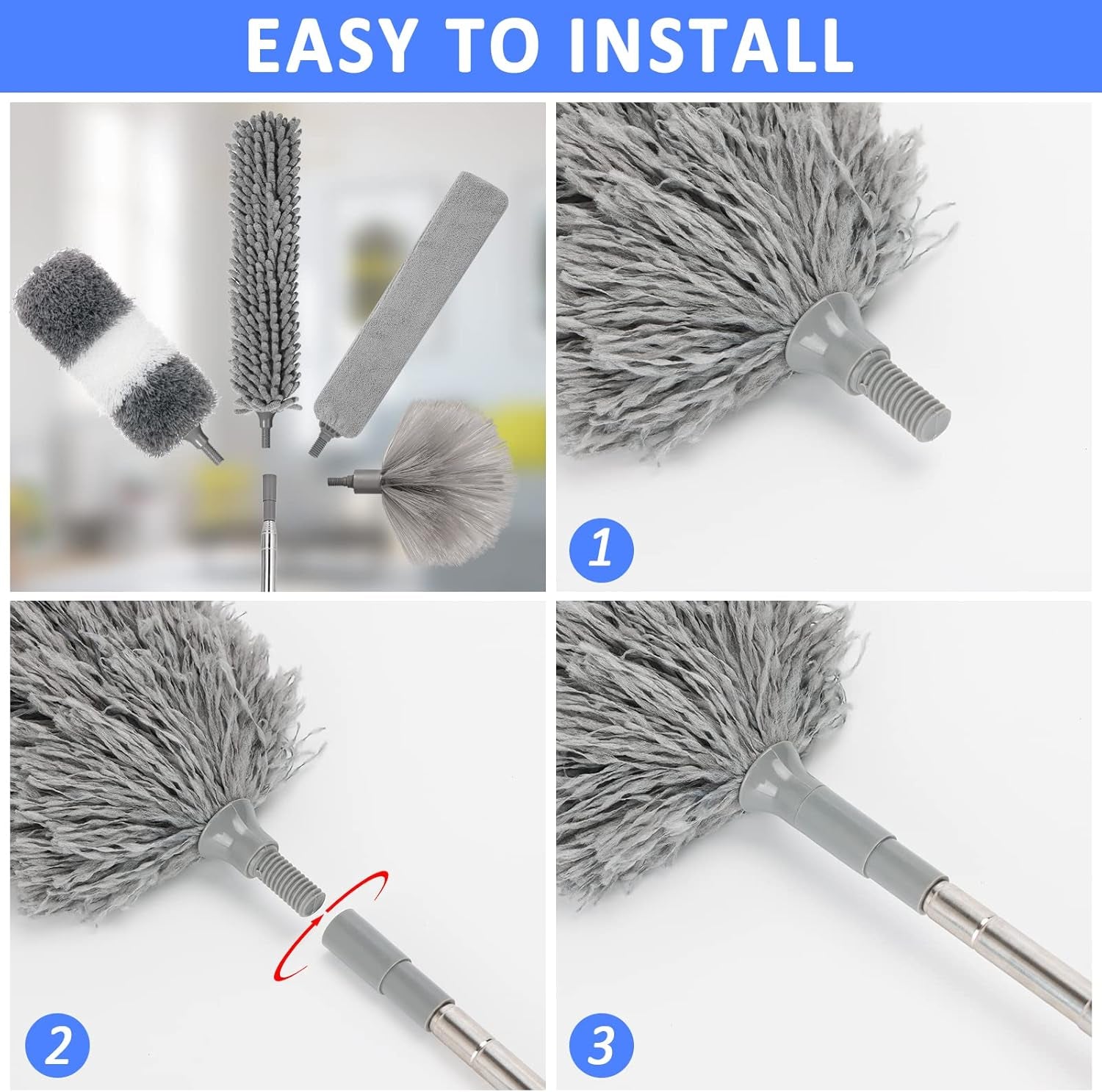 Microfiber Duster Kit 23Pcs with 30 to 100 Inches Extension Pole and Extendable Window Squeegee, Washable and Bendable Feather Duster for Cleaning Ceiling Fans, High Ceilings, Cobwebs, Blinds